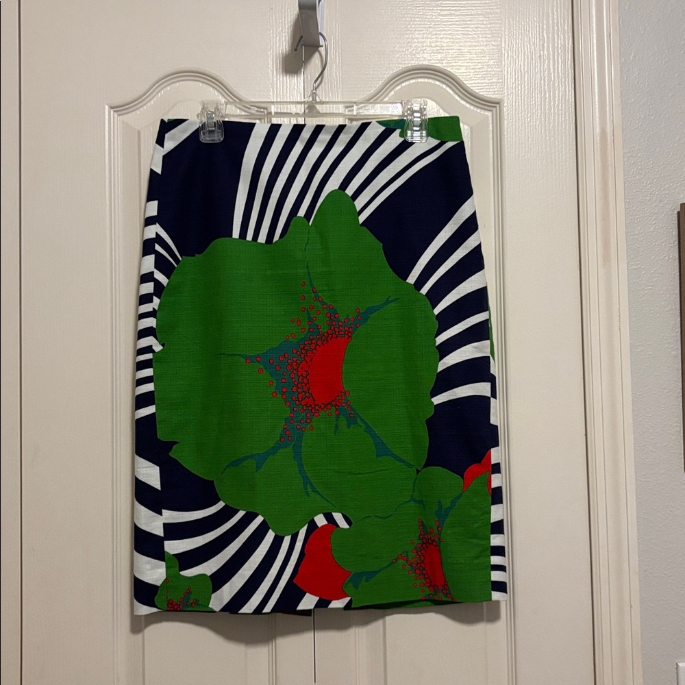 J. Crew Navy and White Striped Pencil Skirt with Green and Red Floral